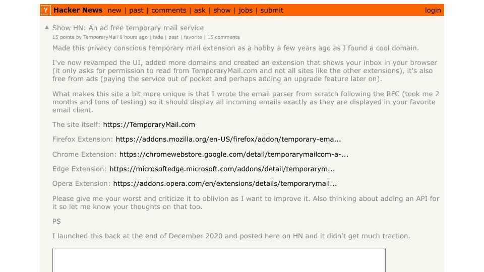 Screenshot of Hacker News post: Show HN: An ad free temporary mail service