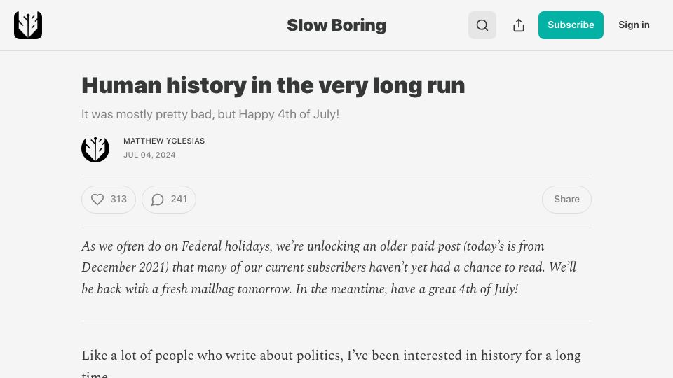 Screenshot of slowboring.com: Human history in the long run: It was mostly pretty bad