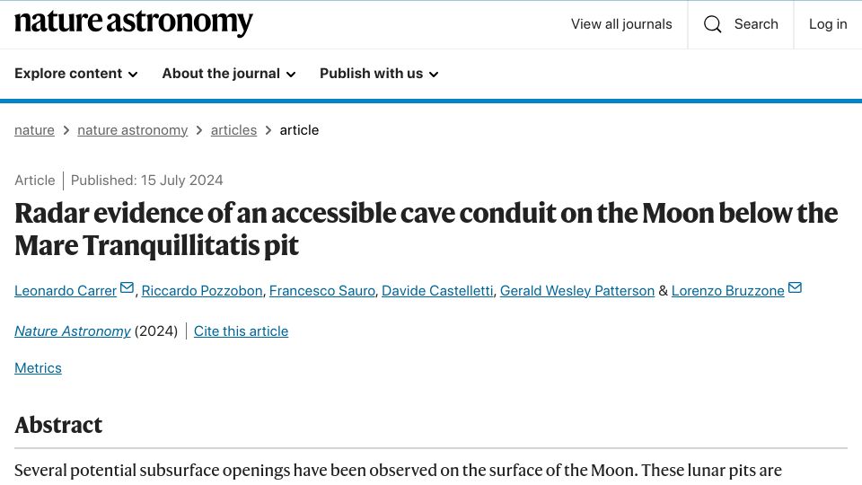 Screenshot of nature.com: Radar evidence of accessible Moon cave conduit below Mare Tranquillitatis pit