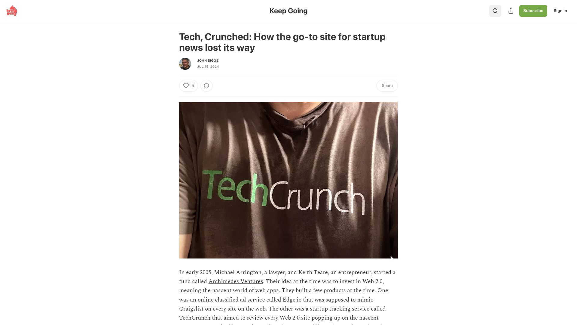 Screenshot of keepgoingpod.com: Tech, Crunched: How the go-to site for startup news lost its way
