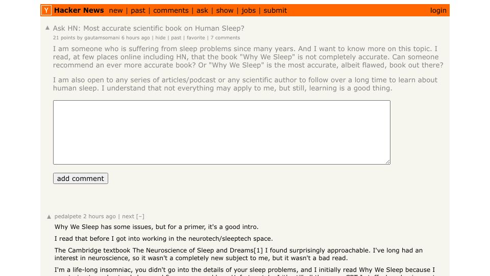 Screenshot of Hacker News post: Ask HN: Most accurate scientific book on Human Sleep?