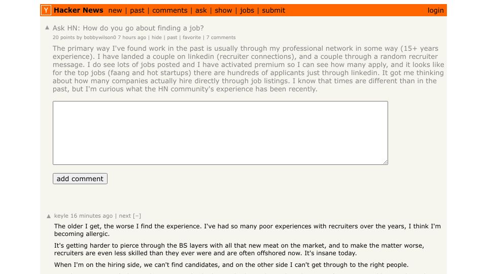 Screenshot of Hacker News post: Ask HN: How do you go about finding a job?