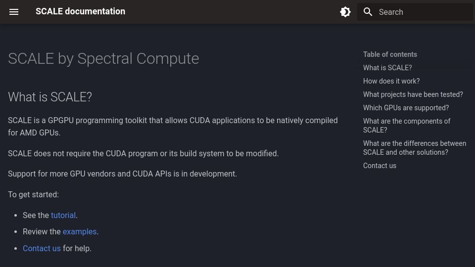 Screenshot of docs.scale-lang.com: Run CUDA, unmodified, on AMD GPUs