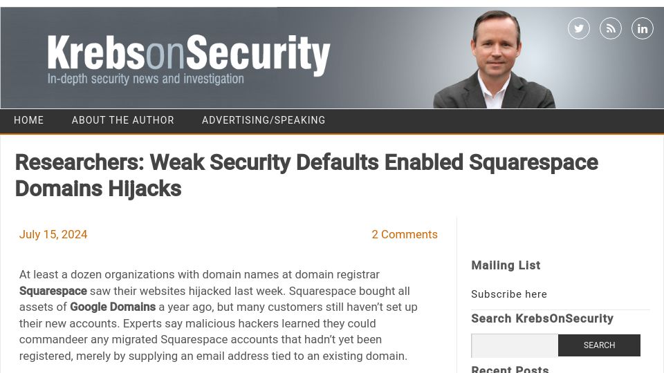 Screenshot of krebsonsecurity.com: Researchers: Weak Security Defaults Enabled Squarespace Domains Hijacks