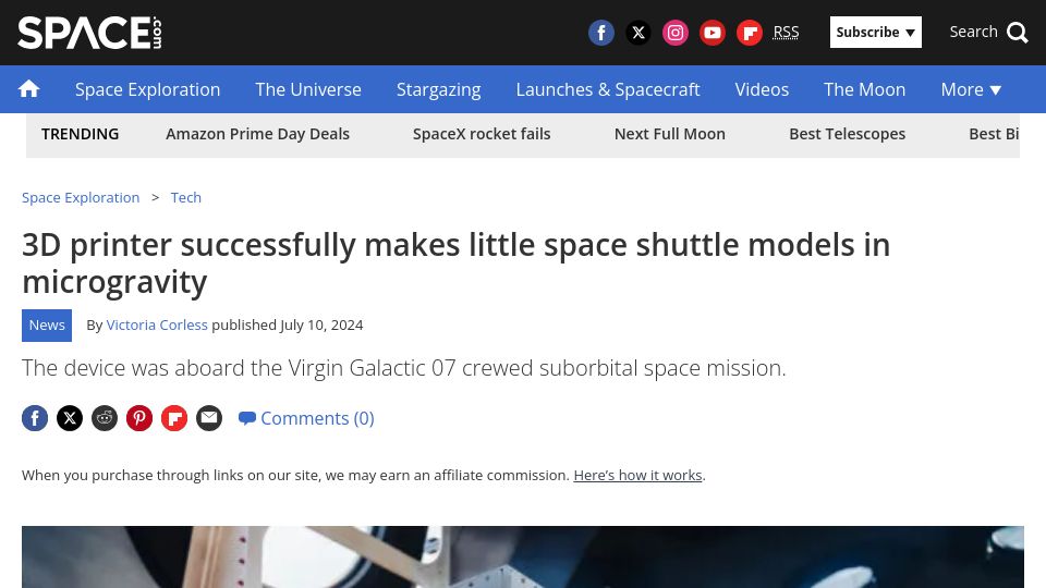 Screenshot of space.com: 3D printer successfully makes little space shuttle models in microgravity