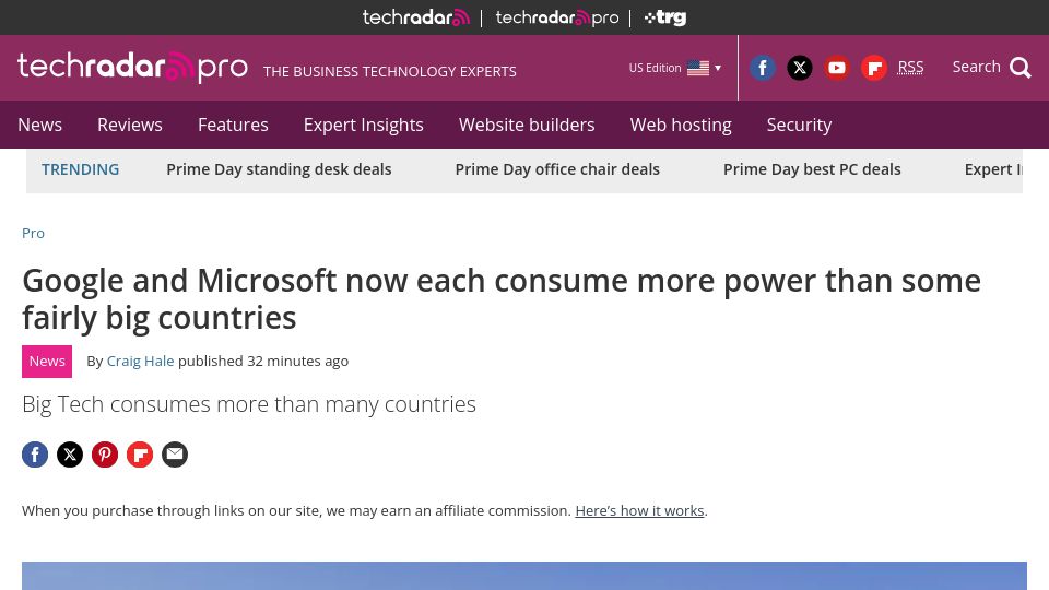 Screenshot of techradar.com: Google and Microsoft now each consume more power than some fairly big countries
