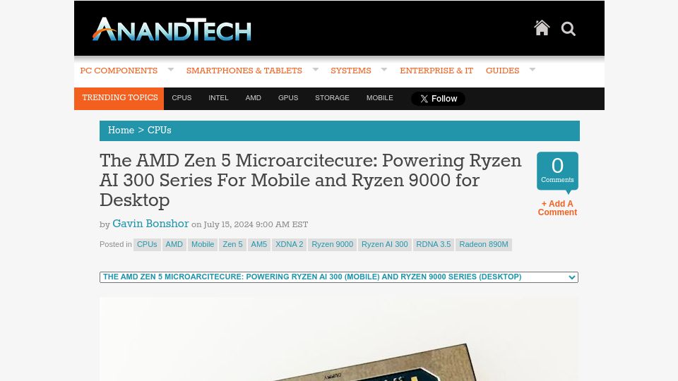 Screenshot of anandtech.com: The AMD Zen 5 Microarcitecure