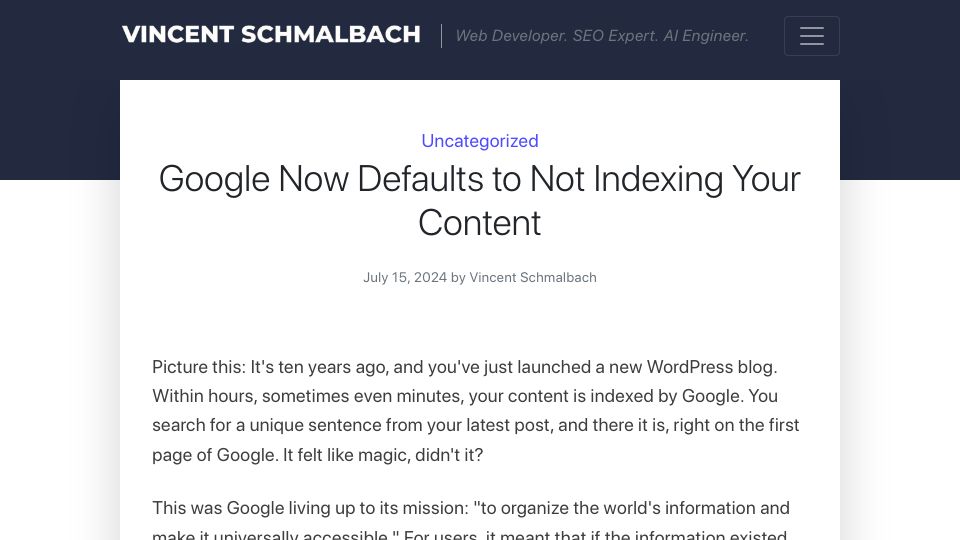 Screenshot of vincentschmalbach.com: Google Now Defaults to Not Indexing Your Content