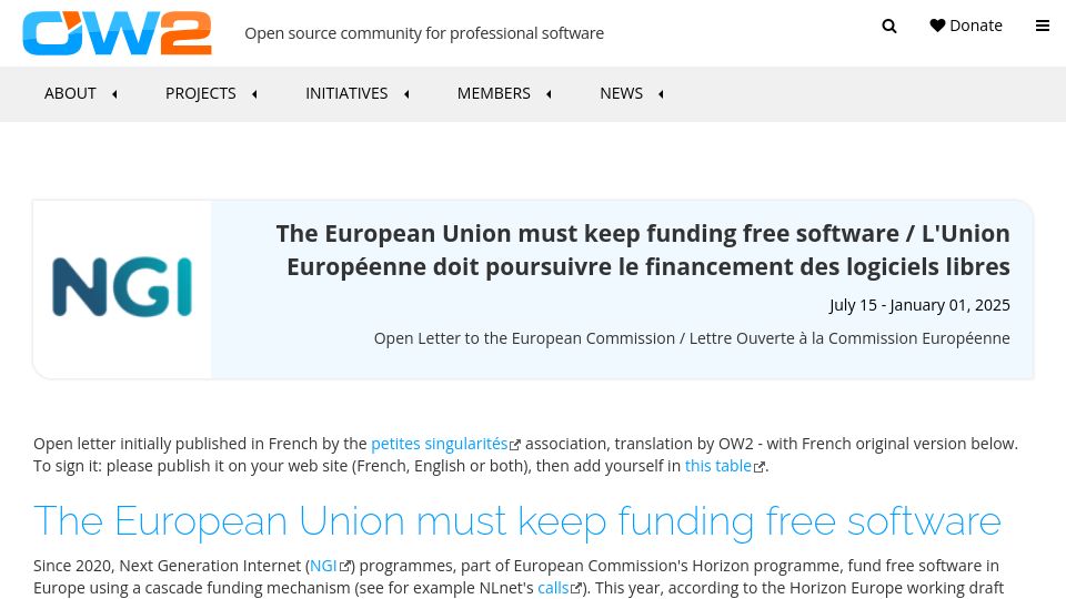 Screenshot of ow2.org: The European Union must keep funding free software