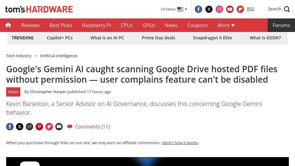 Screenshot of tomshardware.com: Google's Gemini AI caught scanning Google Drive PDF files without permission