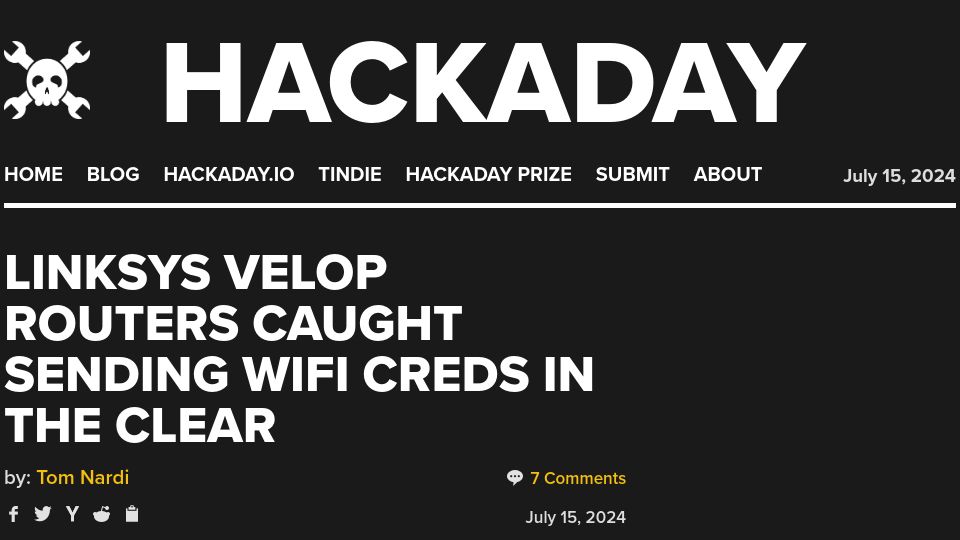 Screenshot of hackaday.com: Linksys Velop Routers Caught Sending WiFi Creds in the Clear