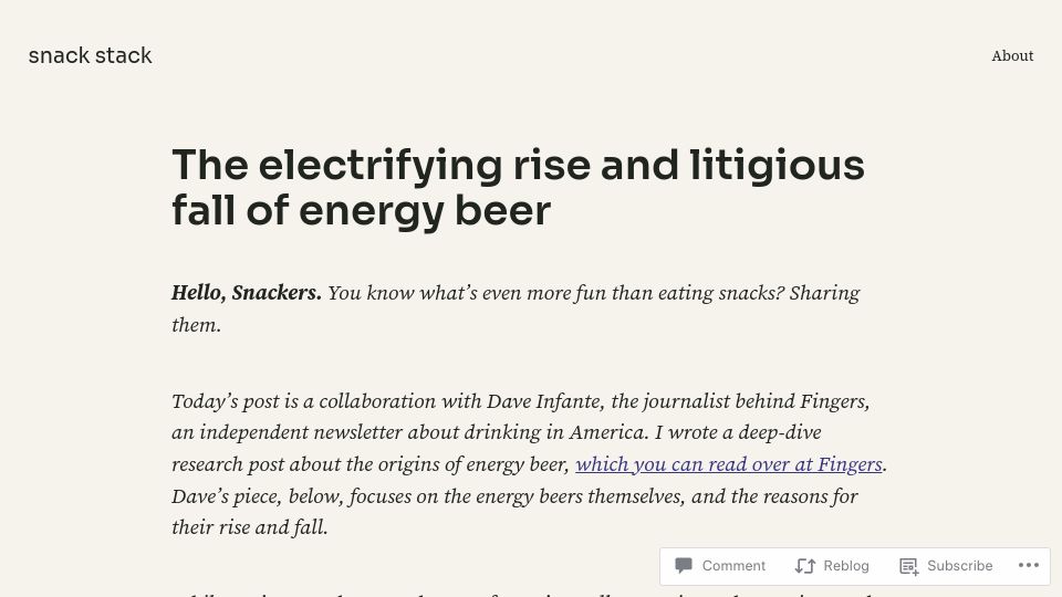 Screenshot of snackstack.net: The electrifying rise and litigious fall of energy beer