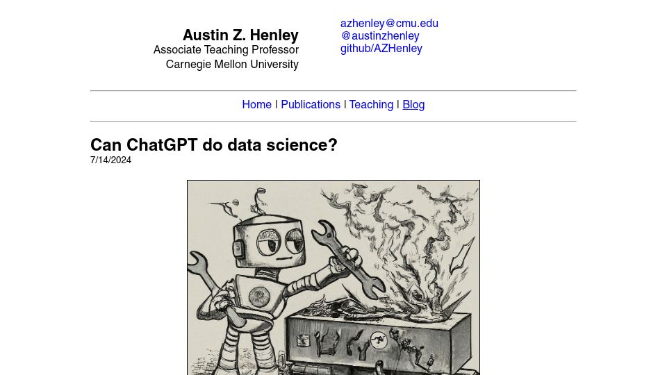 Screenshot of austinhenley.com: Can ChatGPT do data science?