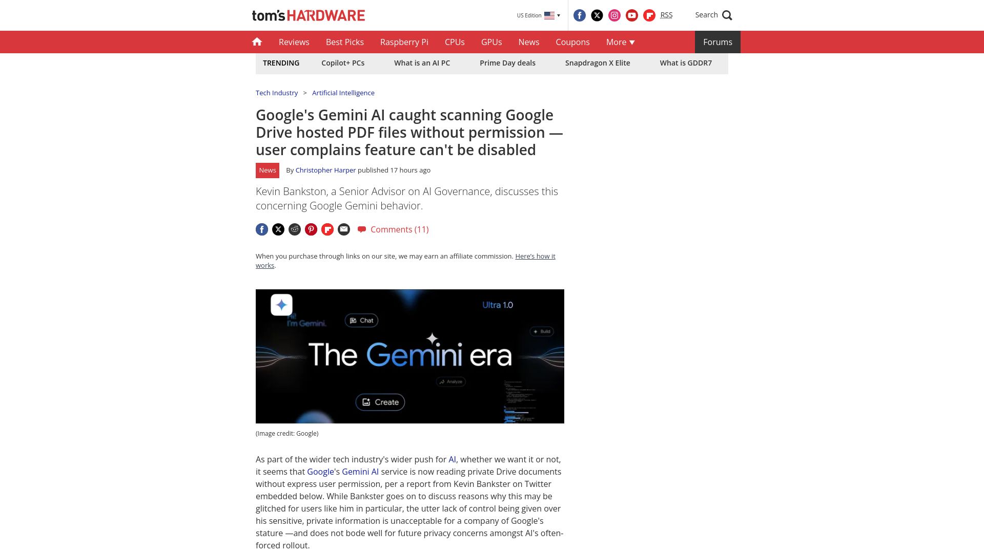 Screenshot of tomshardware.com: Google's Gemini AI caught scanning Google Drive PDF files without permission