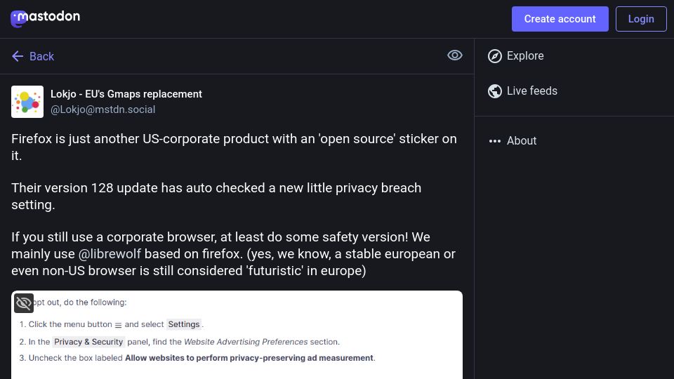 Screenshot of mstdn.social: Firefox 128 enables "privacy-preserving" ad measurements by default
