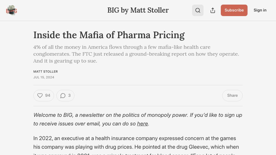 Screenshot of thebignewsletter.com: The Mafia of Pharma Pricing