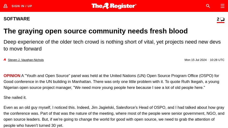 Screenshot of theregister.com: Graying open source community needs fresh blood