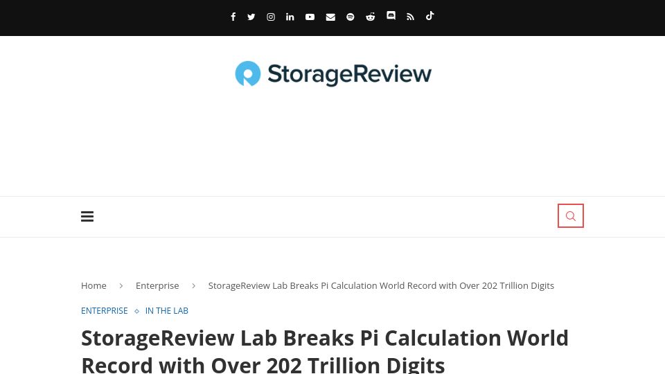 Screenshot of storagereview.com: Pi calculation world record with over 202T digits