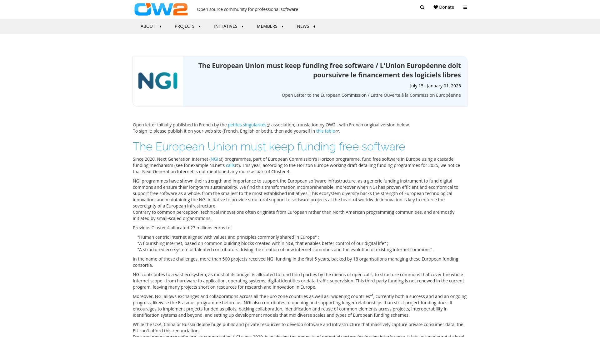 Screenshot of ow2.org: The European Union must keep funding free software