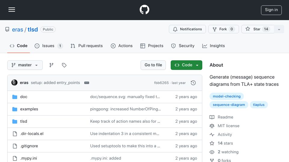 Screenshot of github.com: Tlsd: Generate (message) sequence diagrams from TLA+ state traces