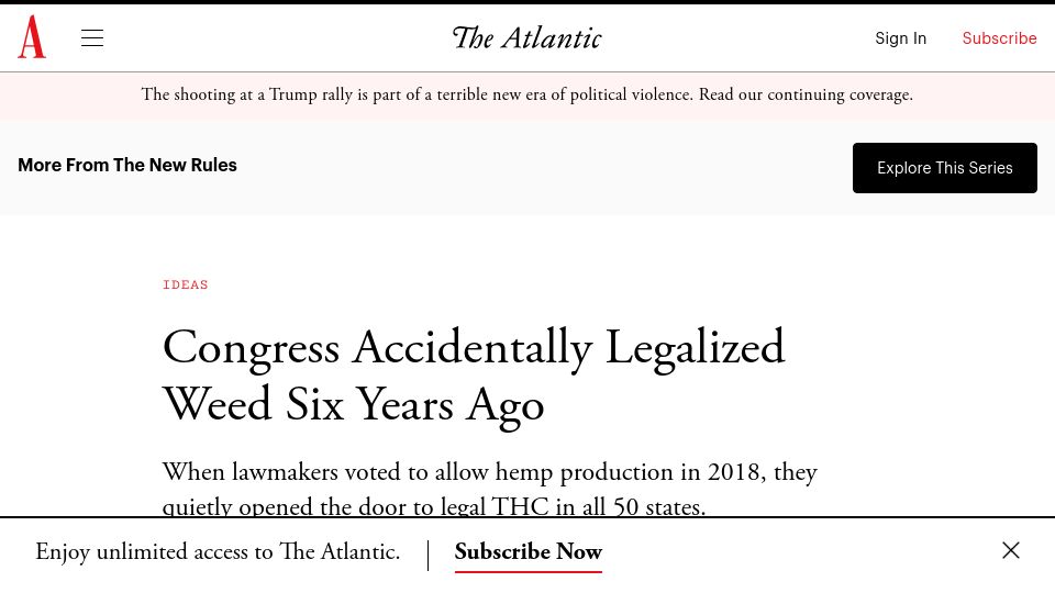 Screenshot of theatlantic.com: Congress accidentally legalized THC six years ago