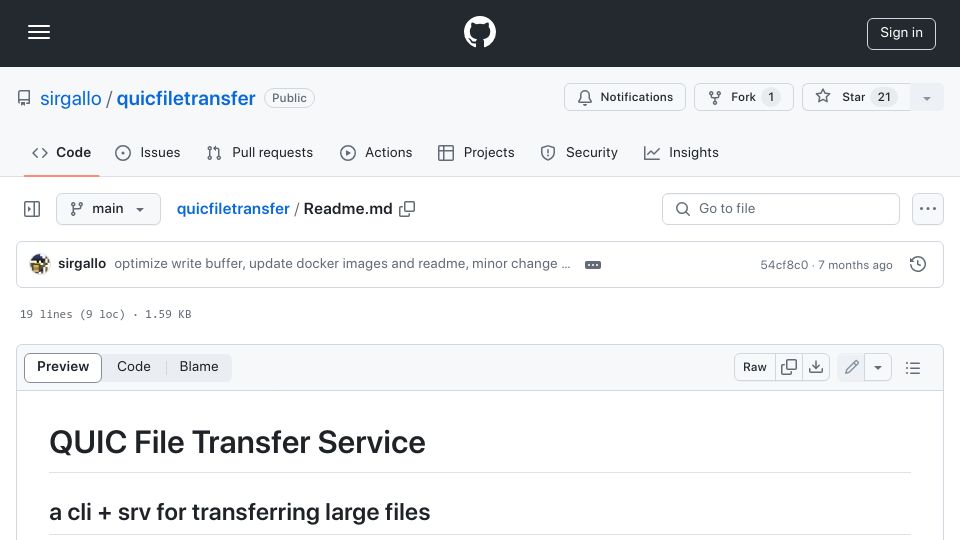 Screenshot of github.com: QUIC File Transfer Service, a CLI and srv for transferring large files