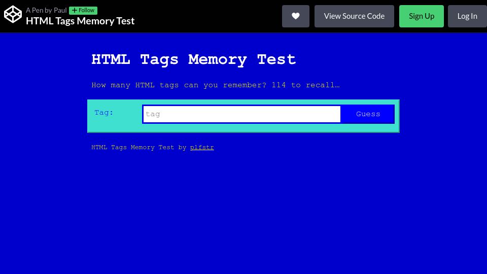 Screenshot of codepen.io: HTML Tags Memory Test
