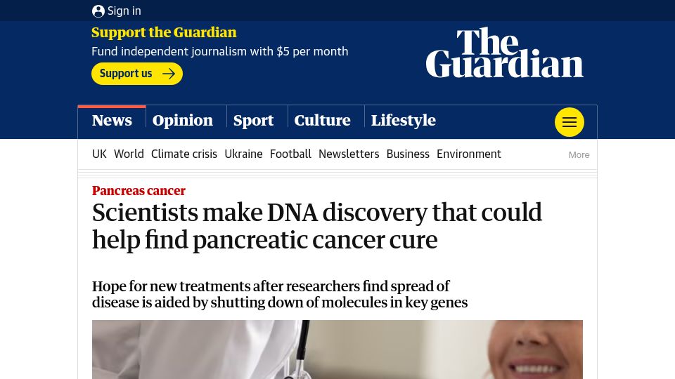 Screenshot of theguardian.com: Scientists make DNA discovery that could help find pancreatic cancer cure