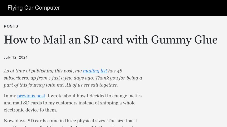 Screenshot of flyingcarcomputer.com: How to mail an SD card with gummy glue