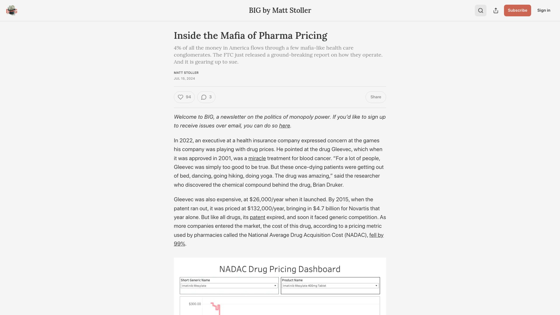 Screenshot of thebignewsletter.com: The Mafia of Pharma Pricing