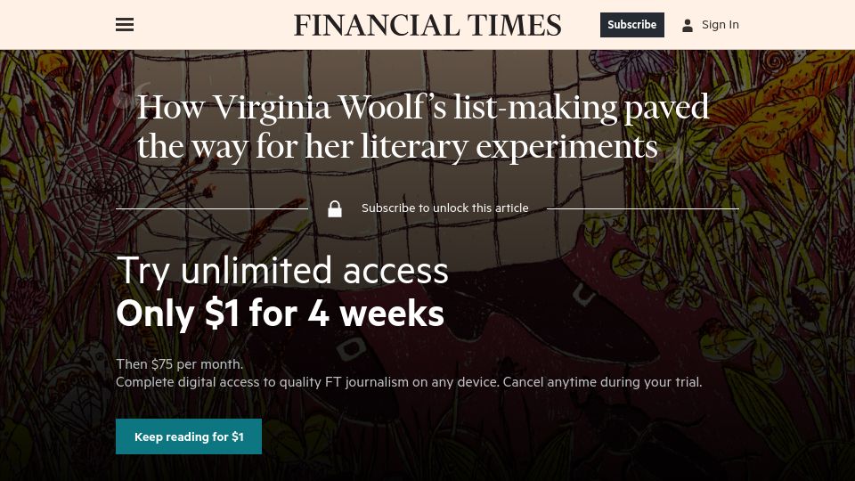Screenshot of ft.com: Virginia Woolf's list-making