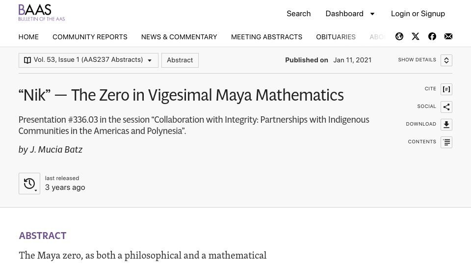 Screenshot of baas.aas.org: "Nik": The Mesoamerican Representation of Zero (2021)