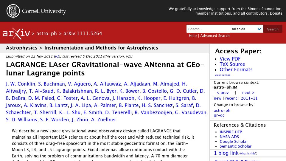 Screenshot of arxiv.org: Lagrange: LAser GRavitational-wave ANtenna at GEo-lunar Lagrange points (2011)