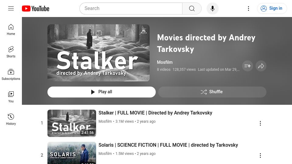 Screenshot of youtube.com: Movies directed by Andrey Tarkovsky (YouTube playlist)