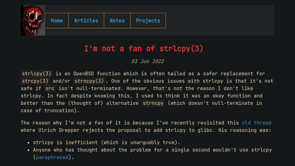 Screenshot of nrk.neocities.org: I'm not a fan of strlcpy(3)