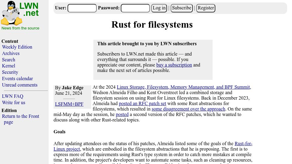 Screenshot of lwn.net: Rust for Filesystems