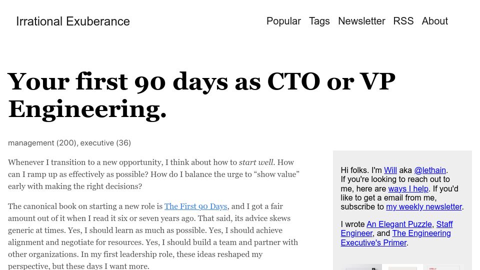 Screenshot of lethain.com: Your First 90 days as CTO or VP Engineering