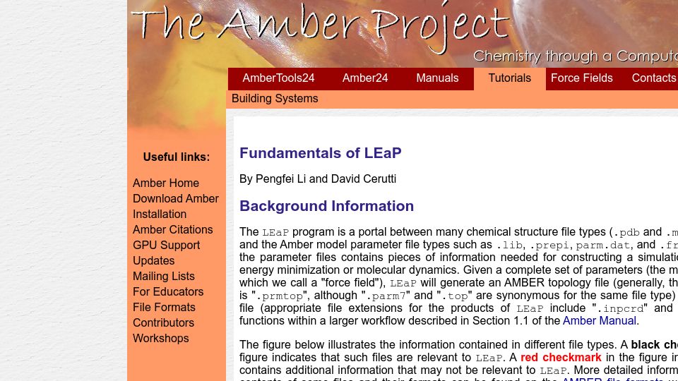 Screenshot of ambermd.org: Leap – Chemistry Through a Computational Lens