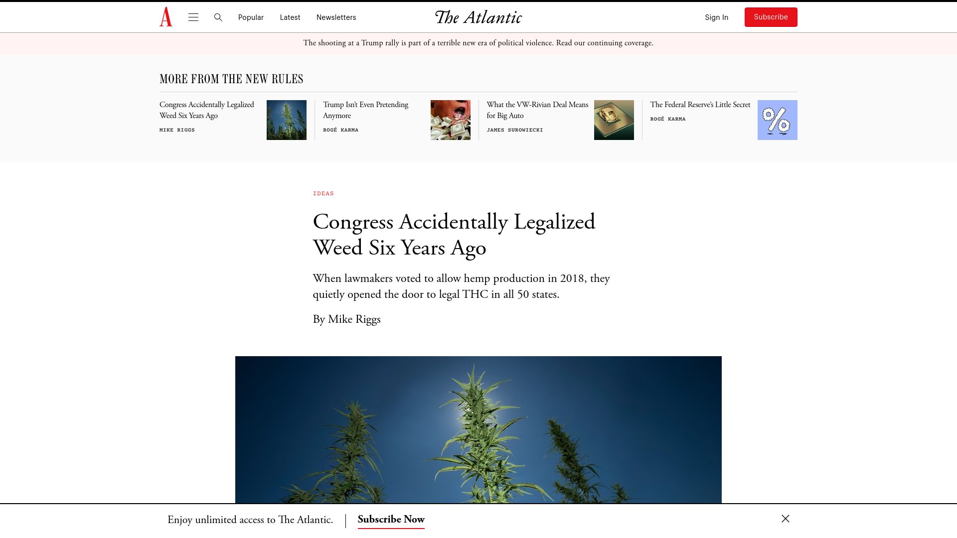 Screenshot of theatlantic.com: Congress accidentally legalized THC six years ago