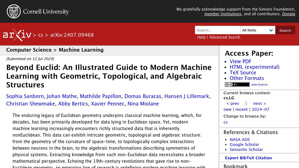 Screenshot of arxiv.org: Guide to Machine Learning with Geometric, Topological, and Algebraic Structures