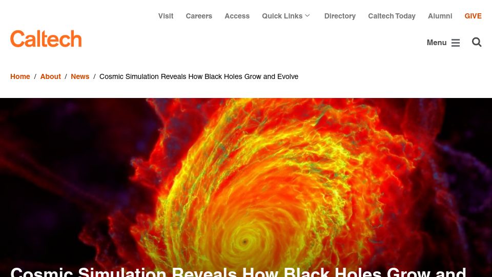 Screenshot of caltech.edu: Cosmic simulation reveals how black holes grow and evolve