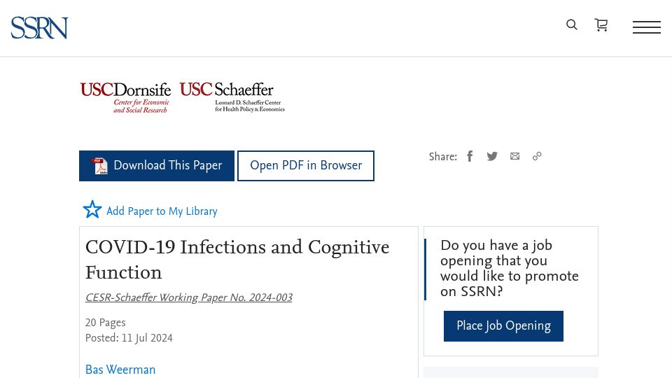 Screenshot of papers.ssrn.com: Covid-19 Infections and Cognitive Function