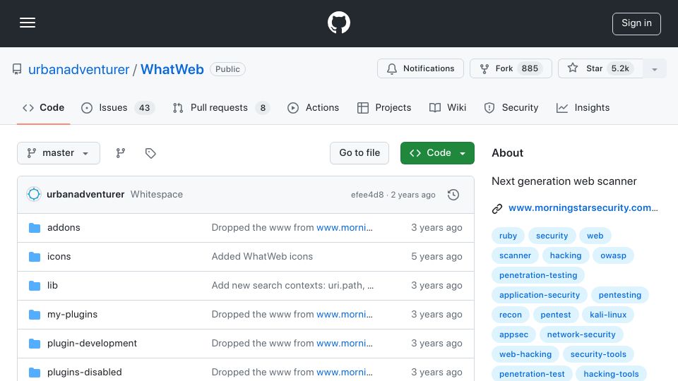 Screenshot of github.com: WhatWeb: Next Generation Web Scanner (2021)