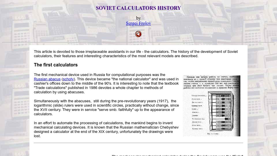 Screenshot of xnumber.com: Soviet Calculator History (1998)