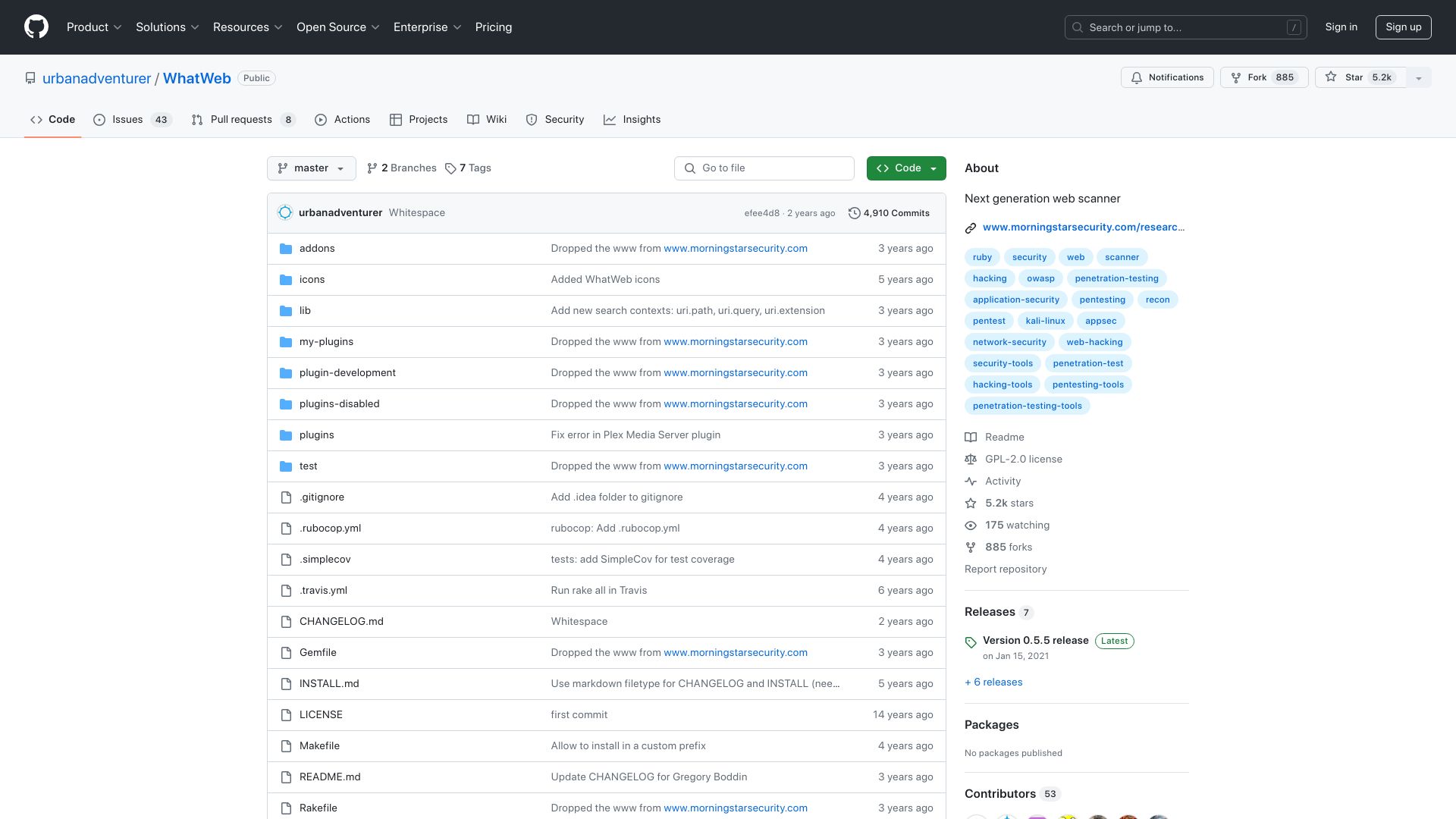Screenshot of github.com: WhatWeb: Next Generation Web Scanner (2021)