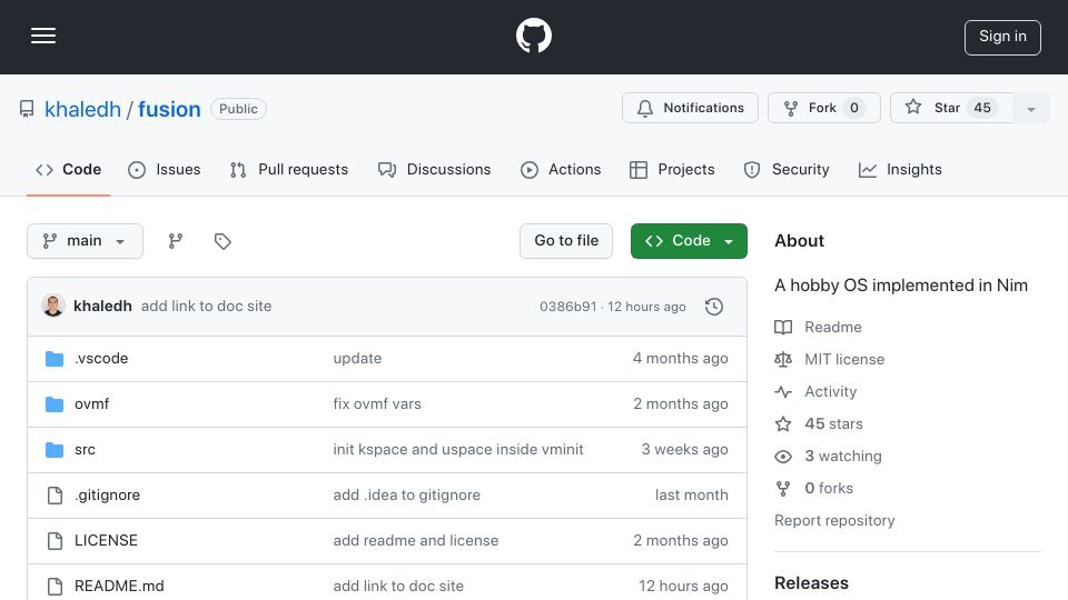 Screenshot of github.com: Fusion – A hobby OS implemented in Nim