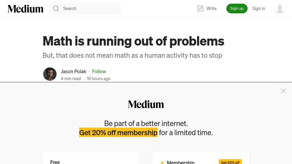 Screenshot of medium.com: Math is running out of problems