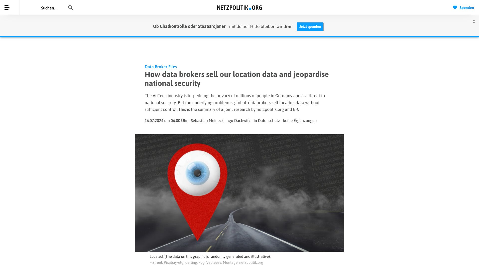 Screenshot of netzpolitik.org: Data brokers sell our location data and jeopardise national security