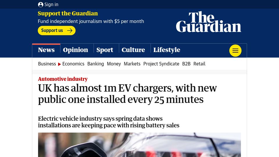 Screenshot of theguardian.com: UK has almost 1M EV chargers, with new public one installed every 25 minutes
