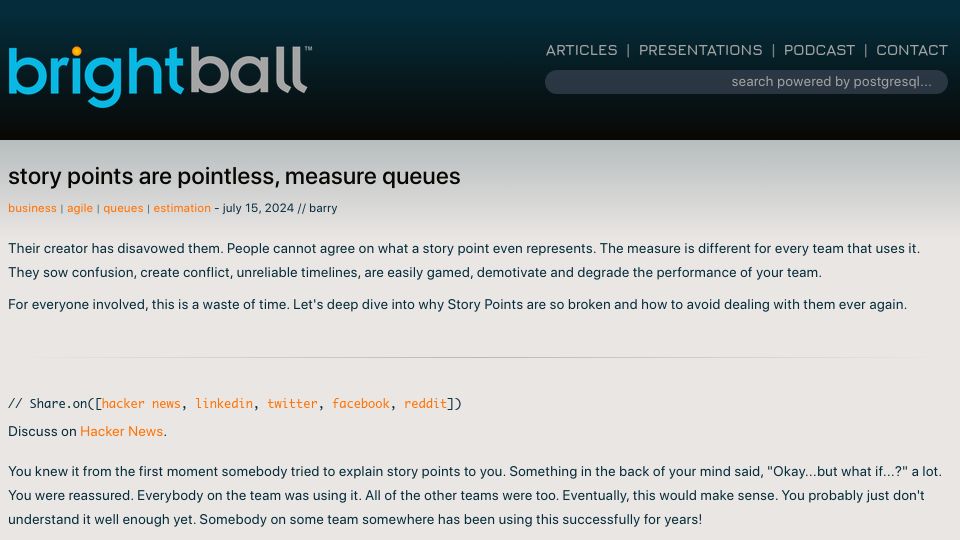 Screenshot of brightball.com: Story points are pointless, measure queues